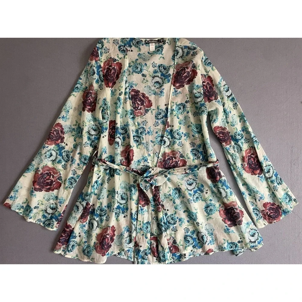 For Love & Lemons Skivvies Naughty Robe Floral OS Cover Up Light Airy Bell Sleev